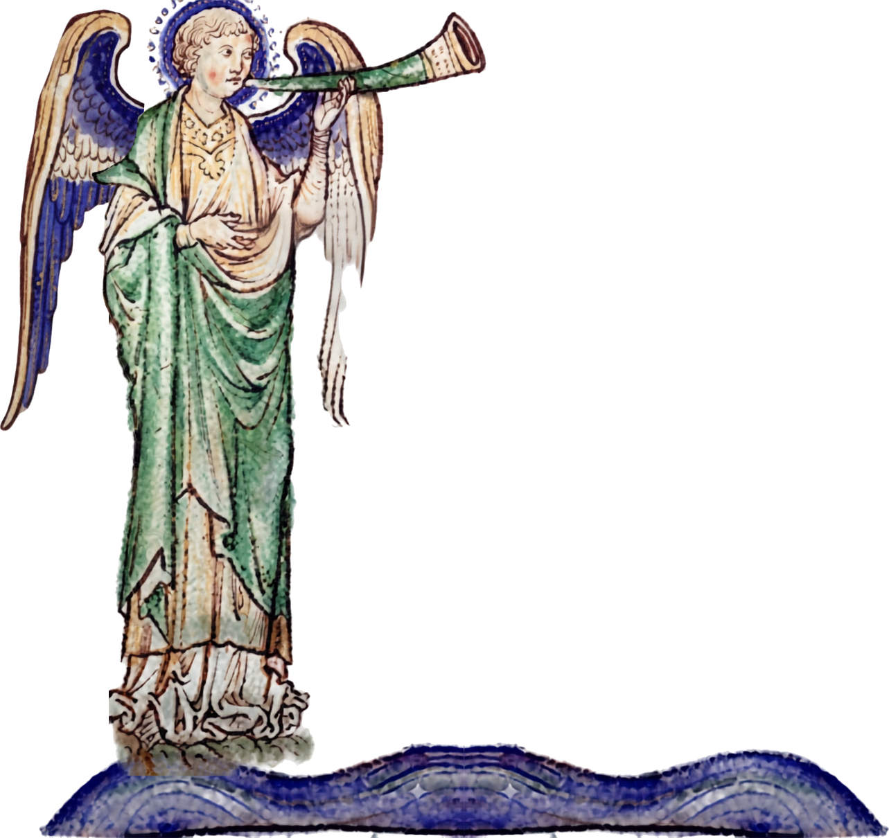A medieval illumination of an angel sounding a trumpet.